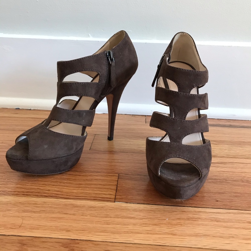 Prada Dark Brown Suede Cutout Platform Stiletto Heels size 36.5
